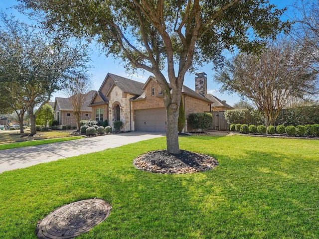 french country inspired facade with concrete driveway, stone siding, a chimney, fence, and a garage