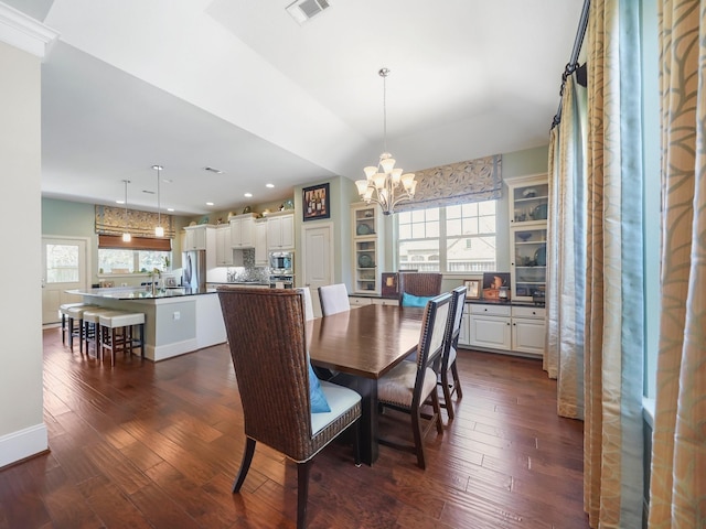 dining room featuring recessed lighting, visible vents, dark wood-style flooring, and a chandelier