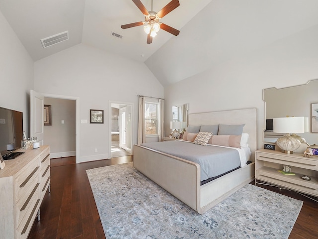 bedroom with visible vents, ceiling fan, dark wood-style flooring, and high vaulted ceiling