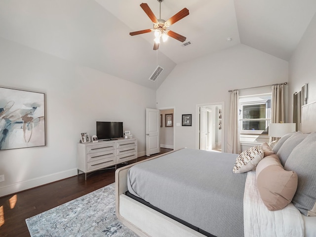 bedroom with visible vents, baseboards, wood finished floors, a ceiling fan, and high vaulted ceiling