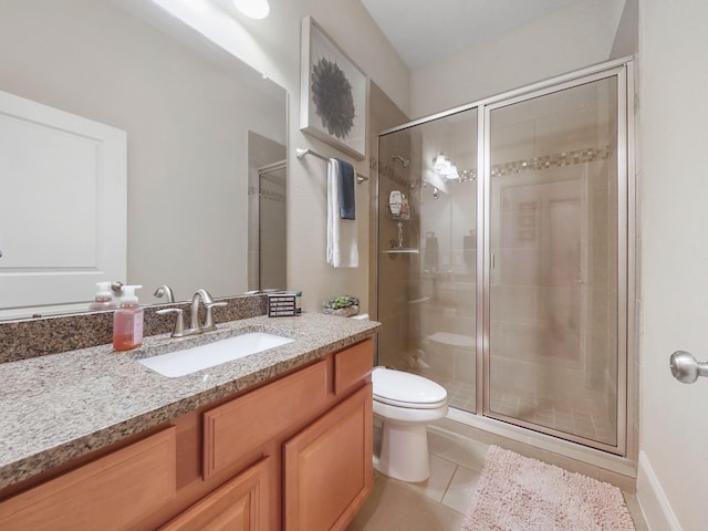 full bath featuring toilet, a stall shower, tile patterned flooring, and vanity
