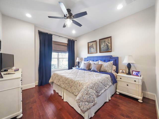 bedroom featuring recessed lighting, ceiling fan, baseboards, and dark wood-type flooring