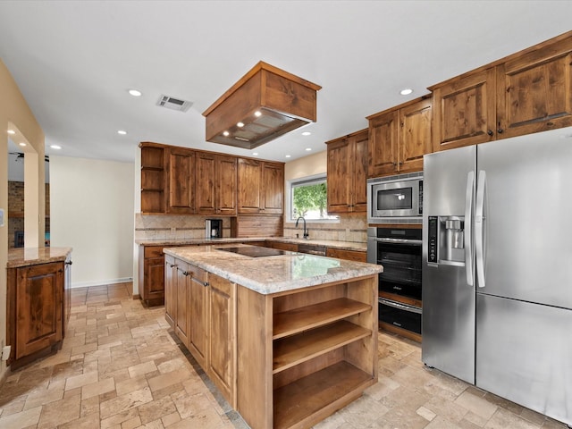 kitchen with visible vents, tasteful backsplash, open shelves, stainless steel appliances, and recessed lighting