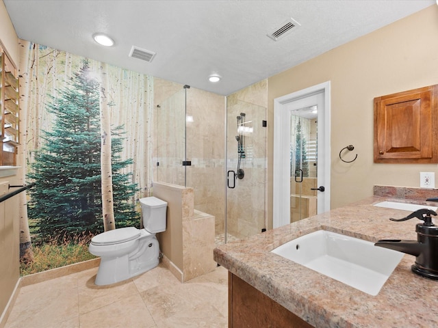 full bathroom featuring a sink, a stall shower, toilet, and visible vents