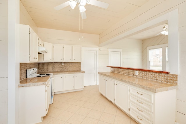 kitchen with tasteful backsplash, a ceiling fan, electric range, and under cabinet range hood