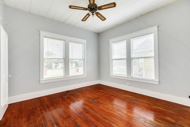 spare room with hardwood / wood-style floors, baseboards, a ceiling fan, and wooden ceiling