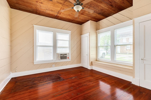 empty room with dark wood finished floors, wooden ceiling, ceiling fan, and wood walls