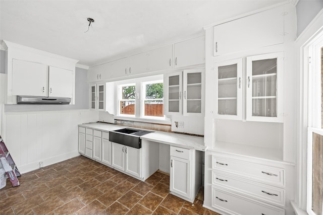 212 W Alabama St, Wharton, TX 77488 - kitchen featuring light countertops, white cabinetry, glass insert cabinets, under cabinet range hood, and a wainscoted wall