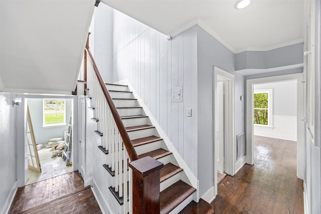 212 W Alabama St, Wharton, TX 77488 - staircase featuring wood-type flooring and crown molding