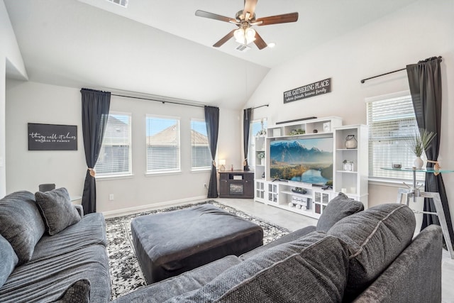 living room featuring baseboards, visible vents, a ceiling fan, and vaulted ceiling