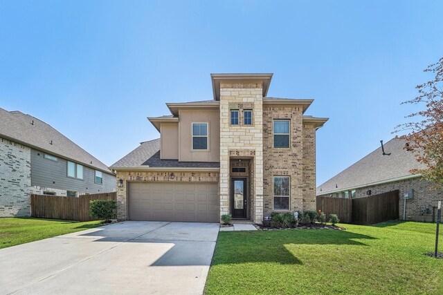 view of front facade featuring concrete driveway, a front lawn, fence, and stone siding