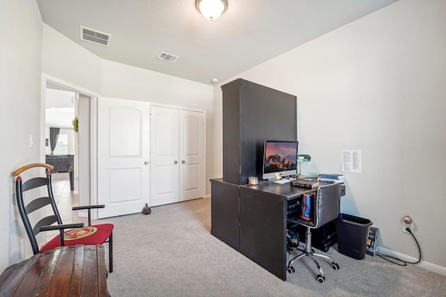 home office featuring baseboards, visible vents, and carpet floors