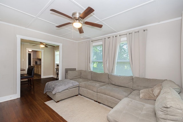 living room featuring dark wood-type flooring, ceiling fan, crown molding, and baseboards