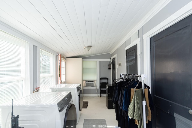 laundry room with washer and dryer, crown molding, cooling unit, and laundry area