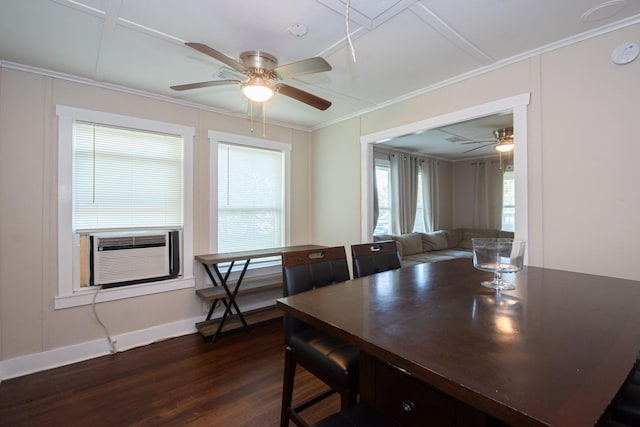 dining room featuring ceiling fan, baseboards, attic access, dark wood-style flooring, and cooling unit