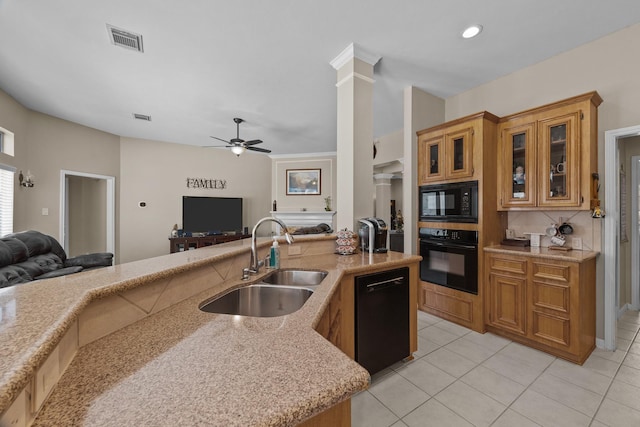 16511 Crystal View Ct, Houston, TX 77095 - kitchen with a sink, visible vents, black appliances, and open floor plan