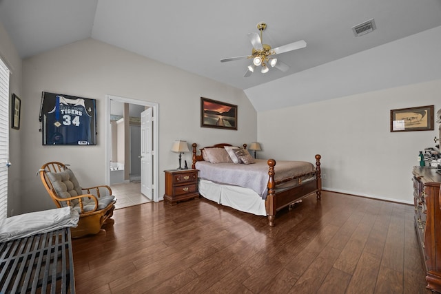 16511 Crystal View Ct, Houston, TX 77095 - bedroom with a ceiling fan, vaulted ceiling, wood finished floors, and visible vents