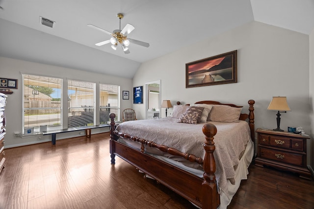16511 Crystal View Ct, Houston, TX 77095 - bedroom with visible vents, a ceiling fan, baseboards, wood finished floors, and vaulted ceiling