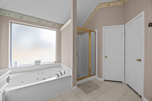 16511 Crystal View Ct, Houston, TX 77095 - full bathroom featuring a jetted tub, tile patterned floors, and a shower stall