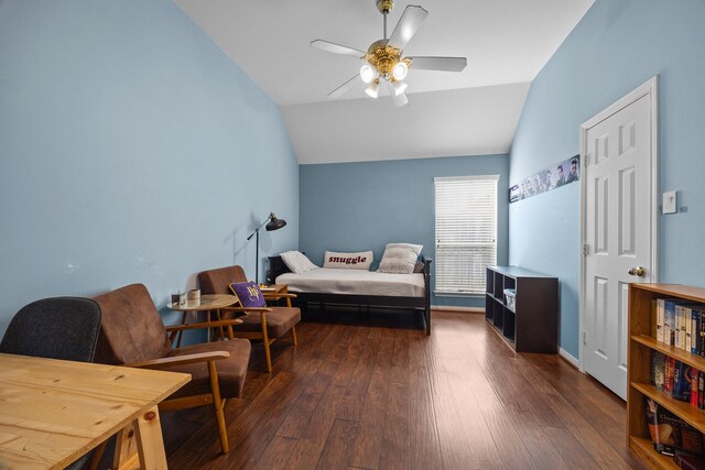 16511 Crystal View Ct, Houston, TX 77095 - living area with ceiling fan, dark wood-style floors, and lofted ceiling