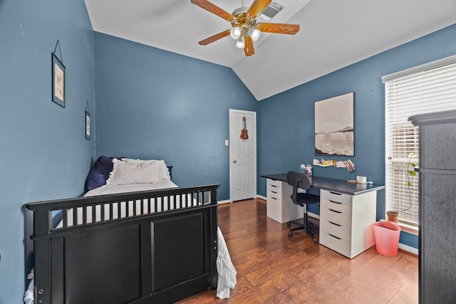 16511 Crystal View Ct, Houston, TX 77095 - bedroom featuring ceiling fan, visible vents, vaulted ceiling, wood finished floors, and baseboards