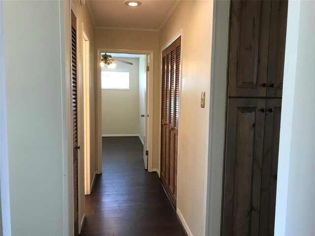 104 Bayside St, Livingston, TX 77351 - hallway featuring ornamental molding, dark wood-style flooring, and baseboards