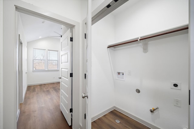 washroom featuring dark wood-style floors, hookup for a washing machine, laundry area, and hookup for a gas dryer