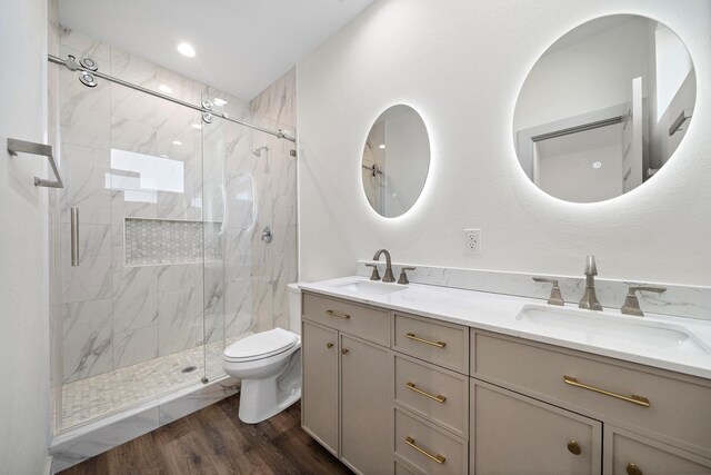 bathroom featuring toilet, a marble finish shower, and a sink