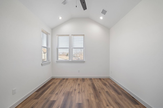 empty room featuring wood finished floors, visible vents, ceiling fan, and recessed lighting