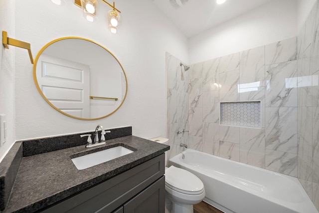 full bath featuring visible vents, washtub / shower combination, toilet, and vanity