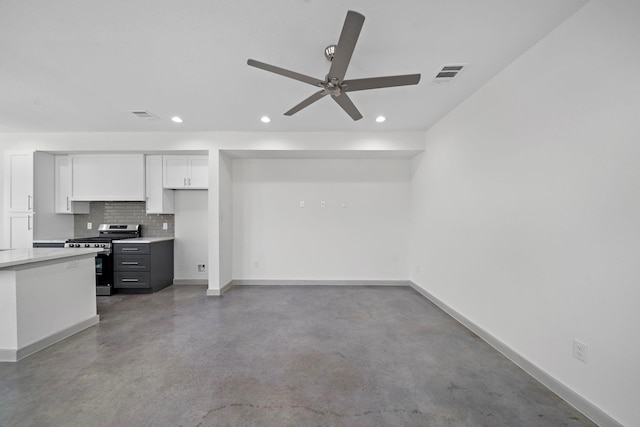 unfurnished living room featuring visible vents, recessed lighting, ceiling fan, and finished concrete floors