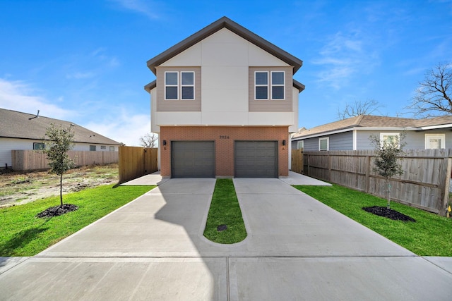 view of front of house featuring a front yard, brick siding, concrete driveway, an attached garage, and fence