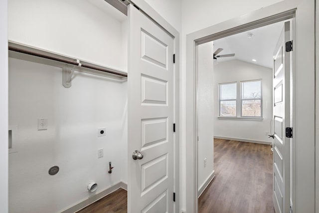 laundry area with electric dryer hookup, gas dryer hookup, ceiling fan, baseboards, and dark wood-style floors