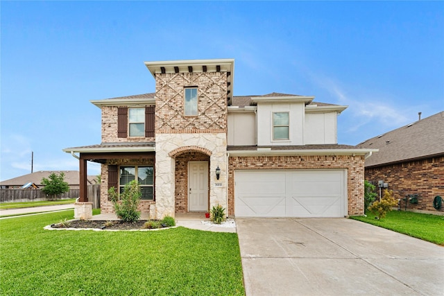 view of front of property featuring a front yard, driveway, a garage, and fence