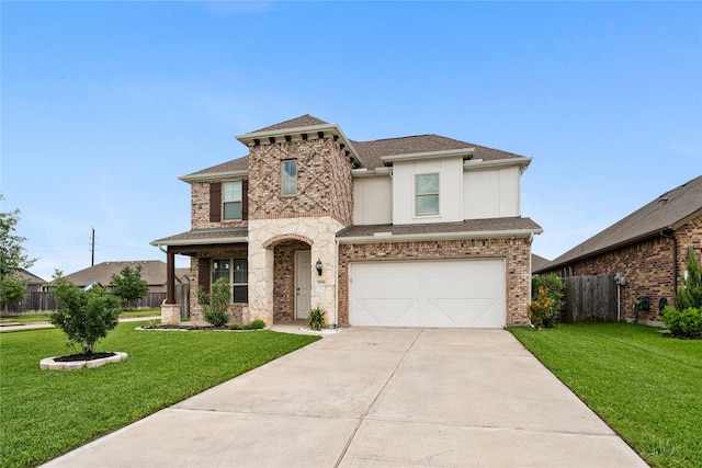 view of front of property featuring a garage, fence, a front lawn, and driveway