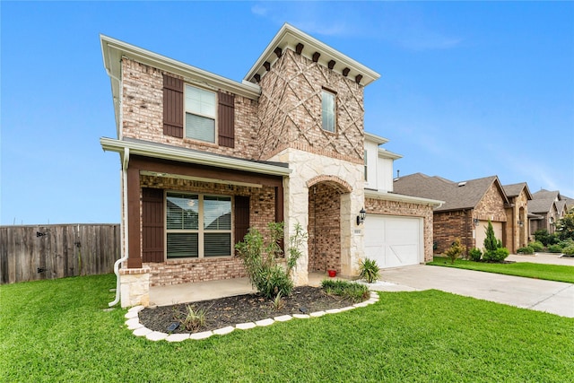 view of front facade with concrete driveway, a front yard, an attached garage, fence, and brick siding