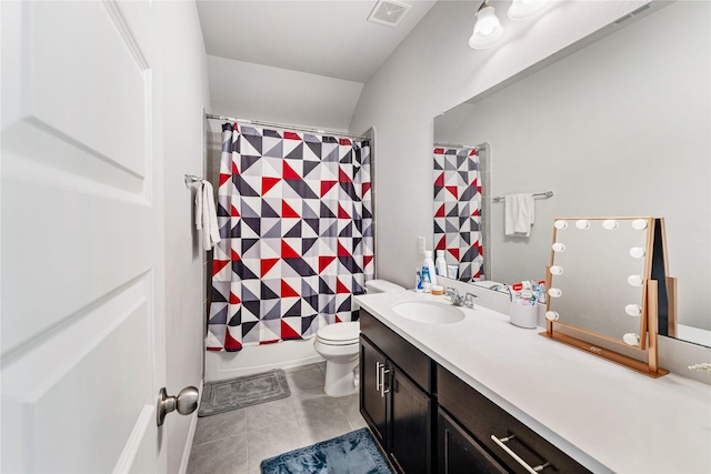 bathroom with tile patterned floors, shower / bath combination with curtain, toilet, vanity, and visible vents