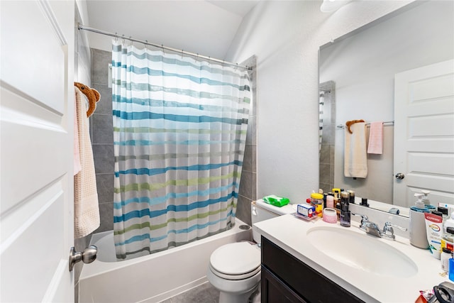 full bath with toilet, shower / tub combo, and vanity