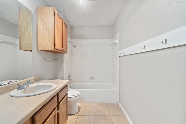 bathroom with tile patterned floors, toilet, shower / bath combination, vanity, and baseboards