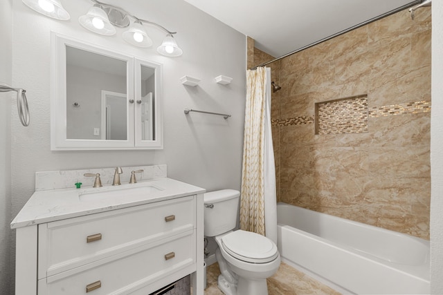 bathroom with shower / bath combo, toilet, and vanity