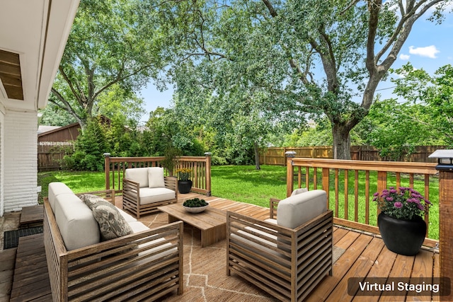 wooden deck with an outdoor living space, a fenced backyard, and a yard