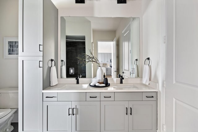 full bathroom featuring toilet, double vanity, a sink, and a shower