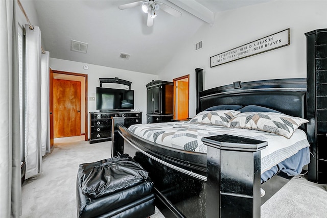 bedroom with visible vents, vaulted ceiling with beams, and light carpet