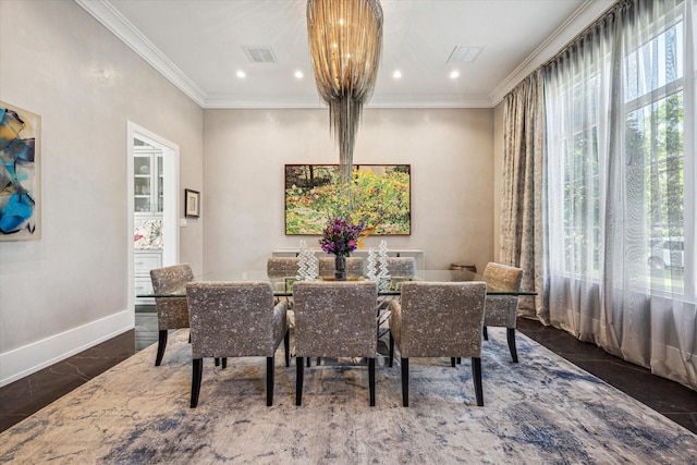 3851 Chevy Chase Dr, Houston, TX 77019 - dining room featuring visible vents, ornamental molding, a wealth of natural light, and marble finish floor