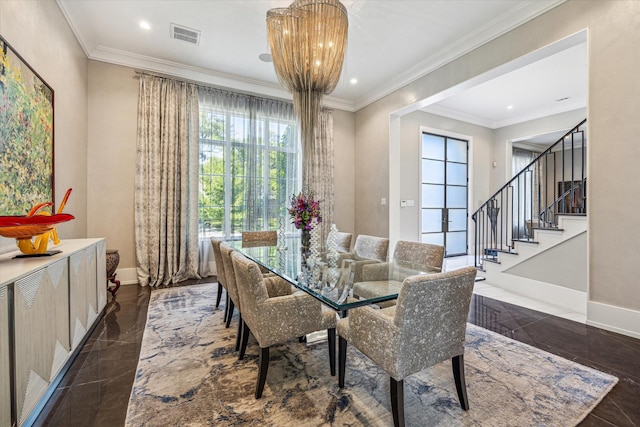 3851 Chevy Chase Dr, Houston, TX 77019 - dining room with baseboards, recessed lighting, stairs, and crown molding