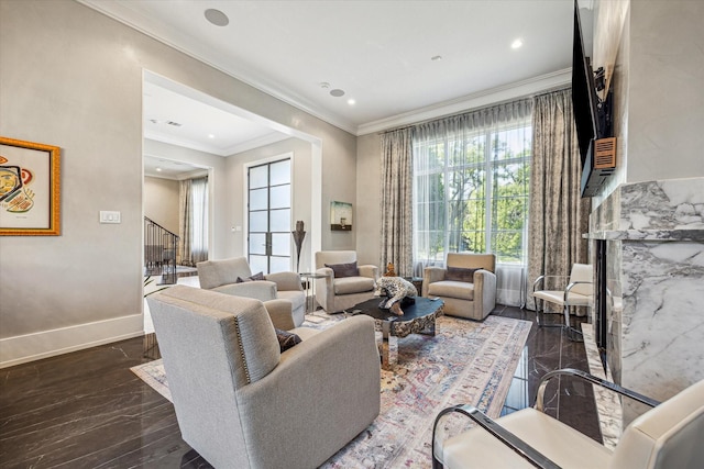 3851 Chevy Chase Dr, Houston, TX 77019 - living area with crown molding, recessed lighting, stairs, and baseboards