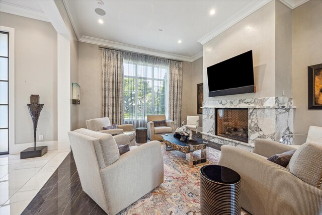 3851 Chevy Chase Dr, Houston, TX 77019 - living area featuring crown molding, a high end fireplace, baseboards, recessed lighting, and marble finish floor