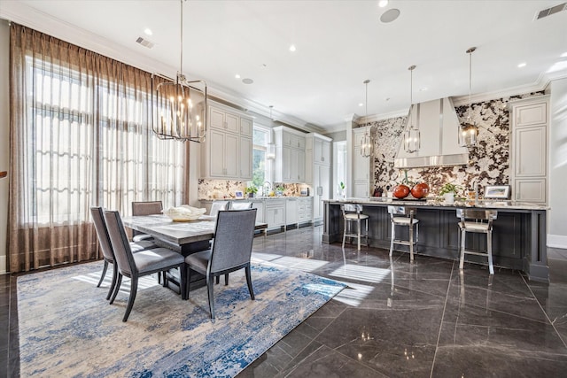 3851 Chevy Chase Dr, Houston, TX 77019 - dining area featuring ornamental molding, a notable chandelier, marble finish floor, and visible vents