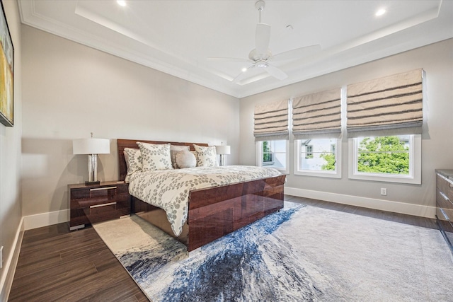 3851 Chevy Chase Dr, Houston, TX 77019 - bedroom featuring baseboards, recessed lighting, a raised ceiling, and dark wood-style flooring