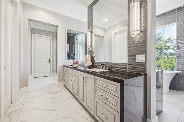 3851 Chevy Chase Dr, Houston, TX 77019 - full bath with marble finish floor, ornamental molding, vanity, baseboards, and a notable chandelier
